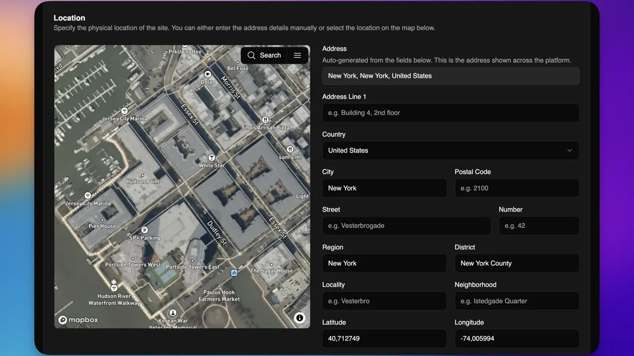 Site addresses are now auto-generated from structured fields for consistent, reliable formatting across the platform