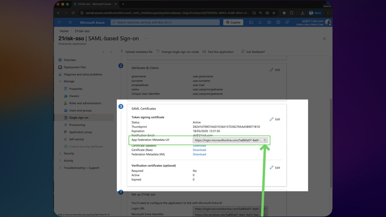 Copy the App Federation Metadata URL from the SAML Certificates section