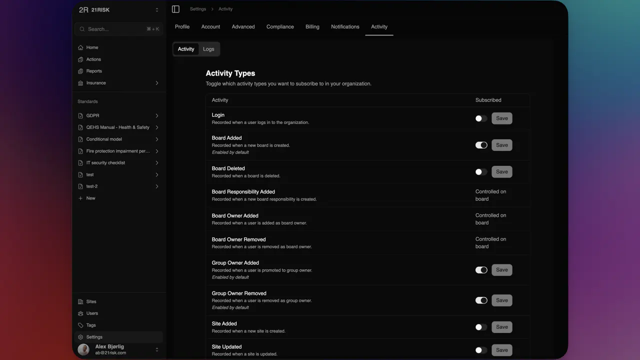 Stay informed about important changes in your organization — track activity across boards and sites, and subscribe to email notifications for the events that matter to you.