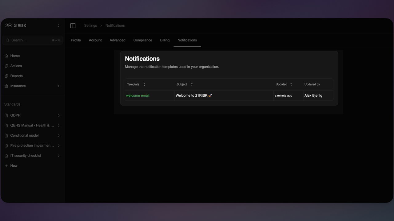 The notification settings page showing the list of available notification templates