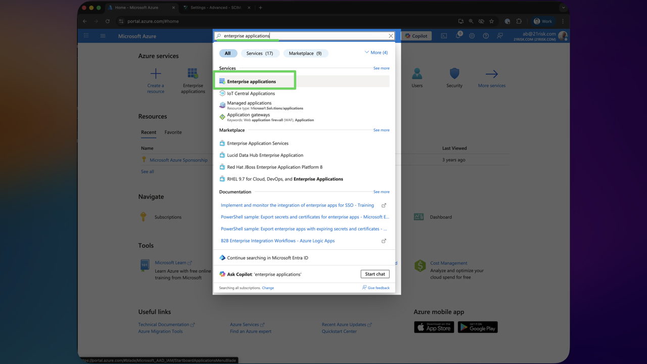 Find the 21RISK enterprise application in Entra