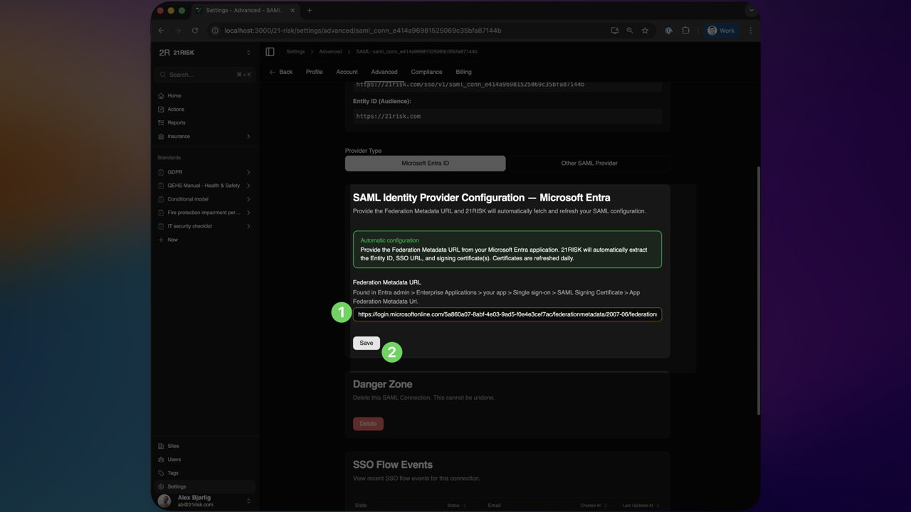 Copy the App Federation Metadata URL from the SAML Certificates section