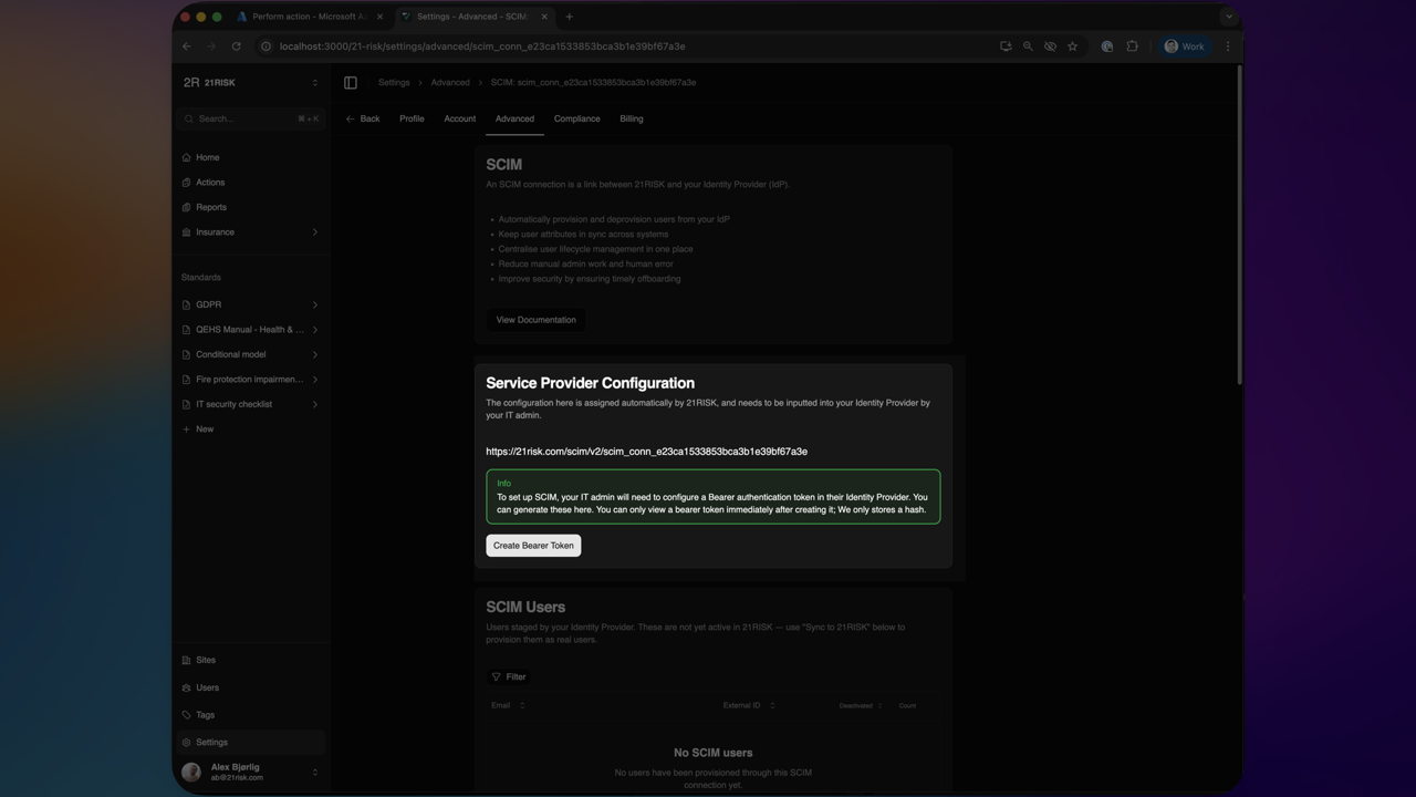 SCIM connection details page showing the Tenant URL